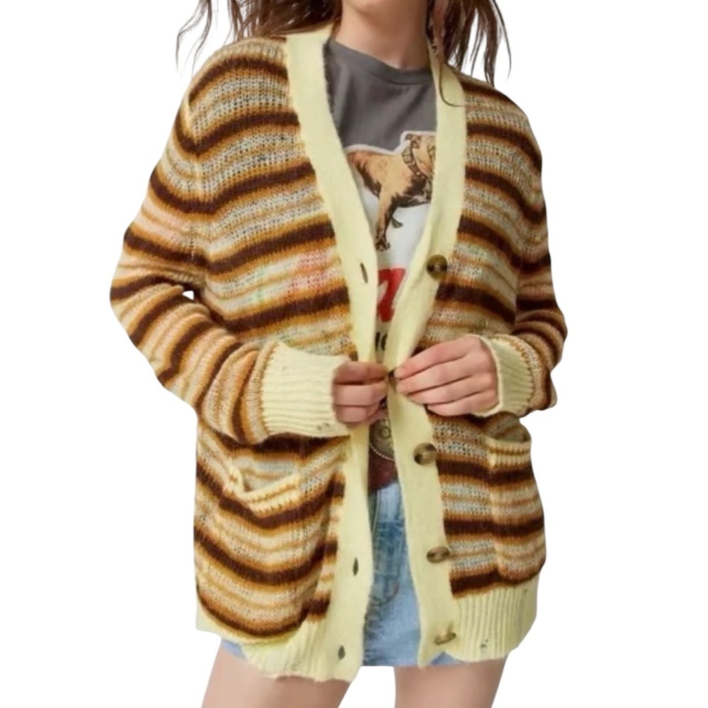 Urban Outfitters Alston Cardigan Striped Distressed Oversized Yellow Brown SZ XS